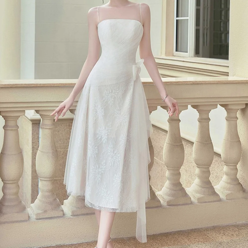 

Temperament Tea Length Pleats Bow Embroidery Evening Dresses Modern A-Line Strapless Spaghetti Straps Organza Party Gowns