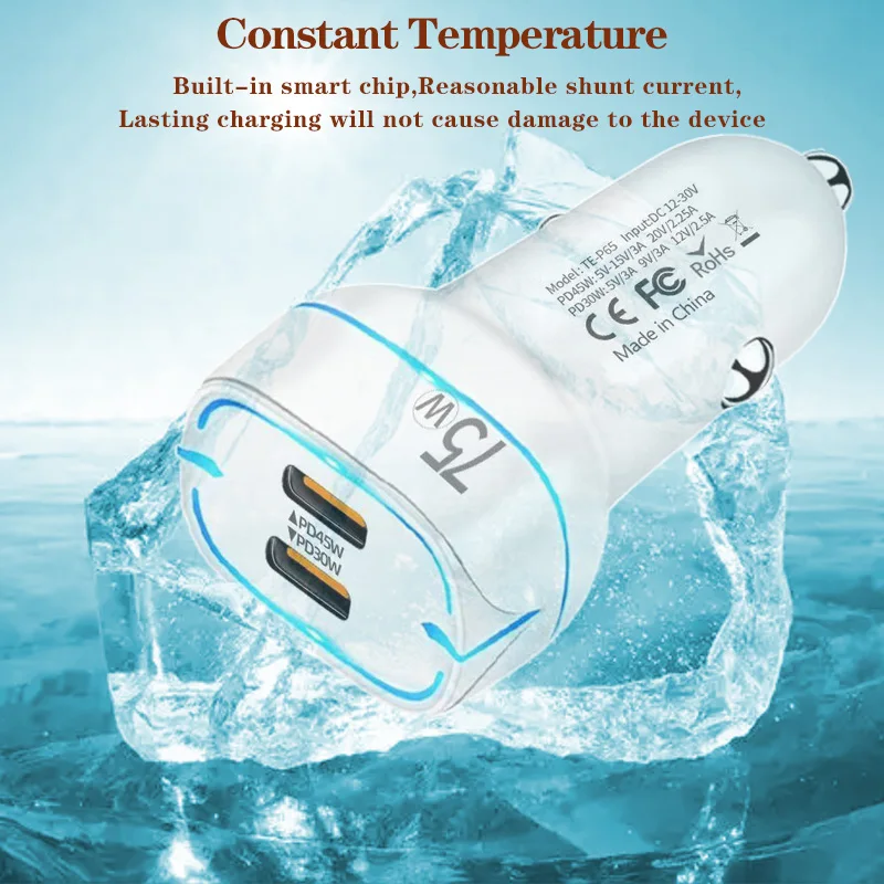 2Port PD 65W car charger PD45W+PD30W car phone charger for HUAWEI iPhone Samsung Xiaomi fast charging cigarette lighter adapter
