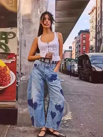 Jean femme jambe large pantalon Long Denim pantalon taille haute ample décontracté imprimé pantalon droit épissure élégante automne hiver