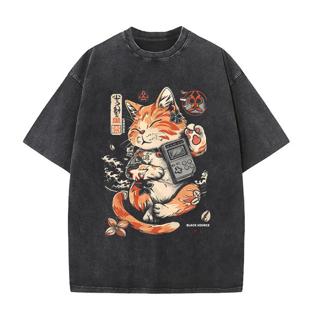 

Funny Japanese Cat Washed Vintage T-shirt Men Women Clothing Casual Humor Harajuku Short Sleeve T-shirts Unisex Retro Streetwear