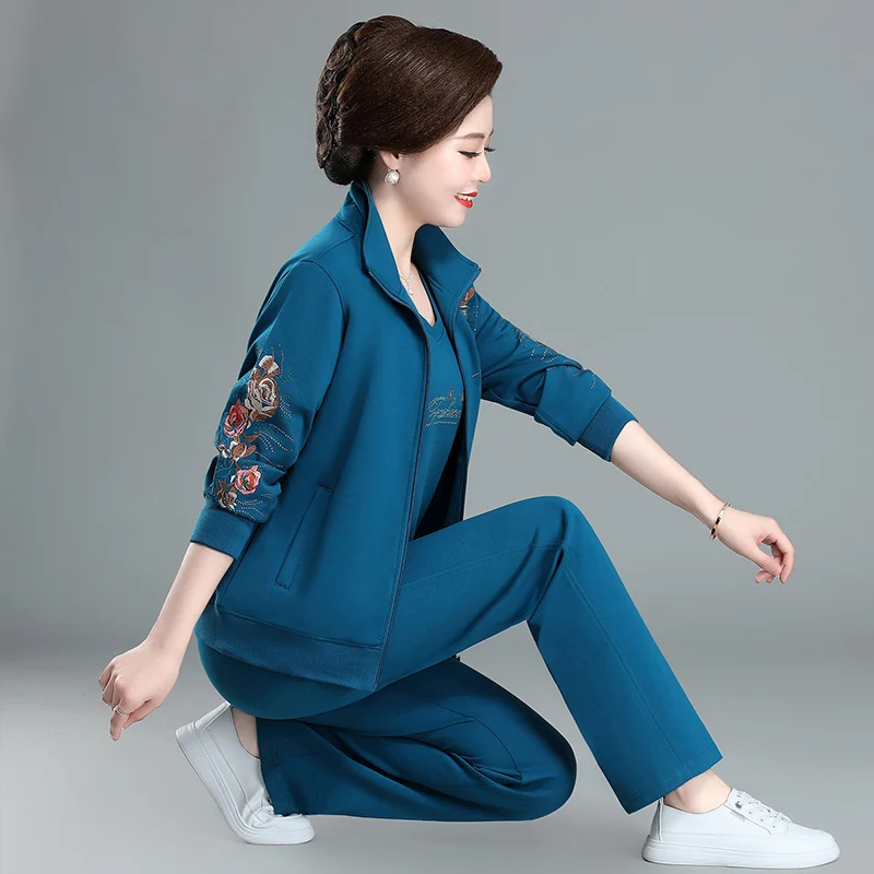 

Ele Embroidered Jaet Set for Middle-Aged Women Faionable Sportswear Mommy Clothes Cotton Polyester Blend Long Pants