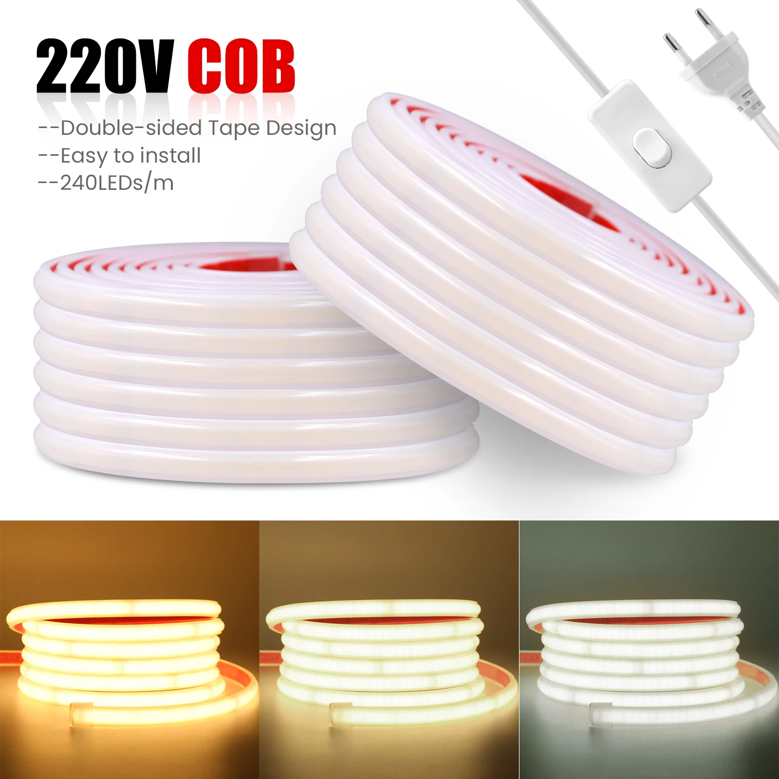 

tira led COB 220V 240LEDs/m 10cm Cuttable Adhesive LED Strip With Switch Waterproof Flexible COB LED Tape Warm Natural White