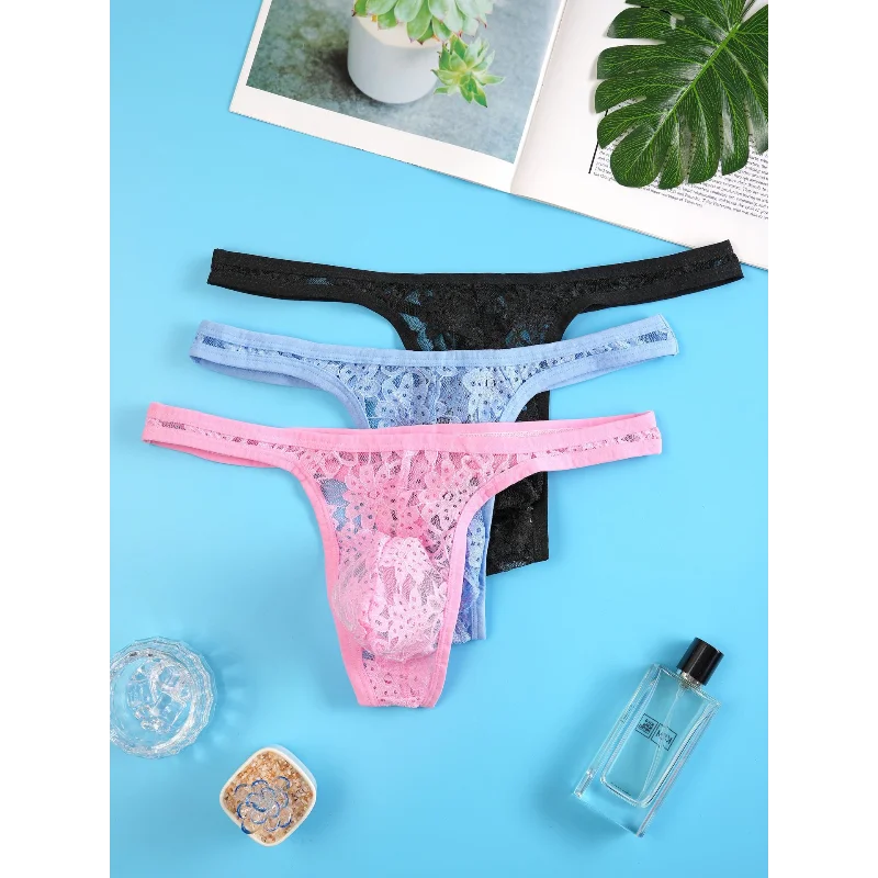 Men's Lace Thong T-Shaped Soft Hollow Transparent Underwear Sexy Low-Waist U Convex Pouch Lingerie Underpants Bikini Slip Homme