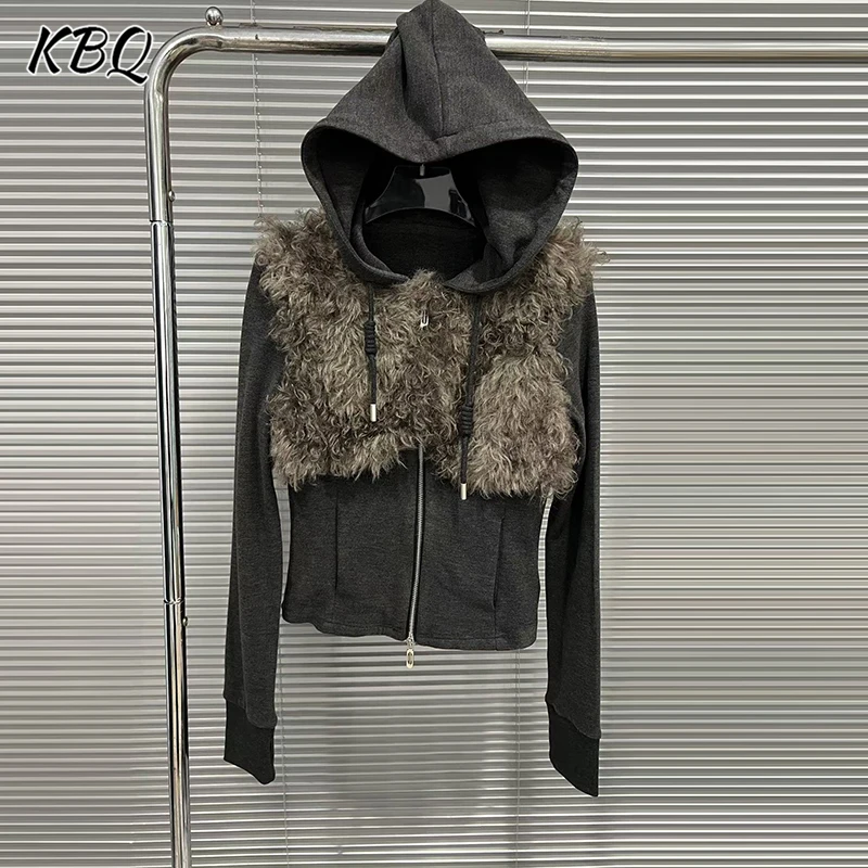 

KBQ Solid Spliced Feather Slimming Chic Shirt for Women Hooded Long Sleeve Patchwork Zipper Shirt Female Fashion Winter Style