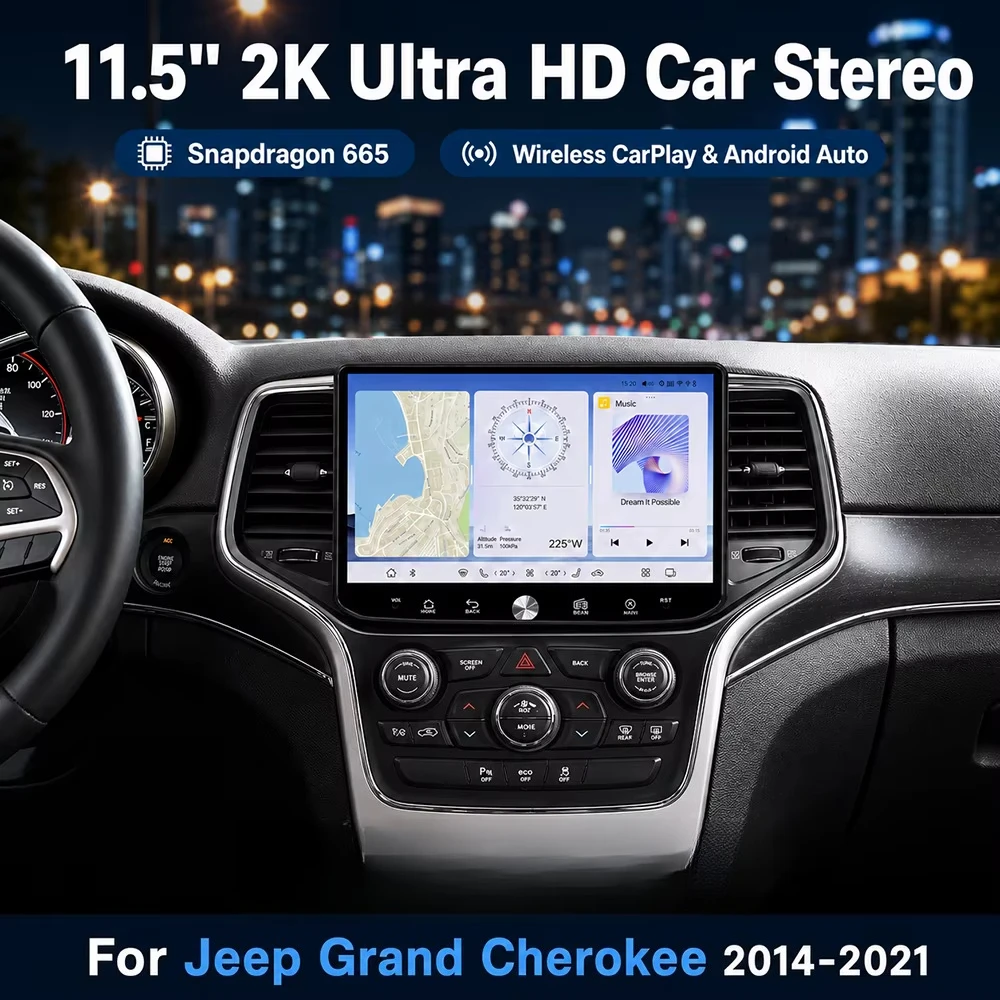 Factory Supply 11.5 Inch  665 Android Car DVD Player 2K Wireless CarPlay DSP GPS For Jeep Grand Cherokee 2014-2021