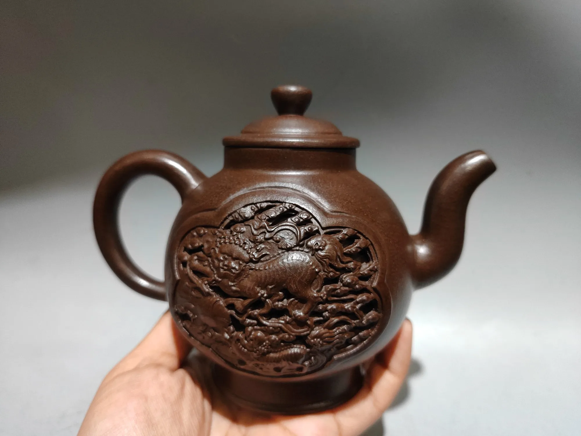 Old Chinese Handcraft Enameled  YiXing Zi Sha Clay  (yellow stoneware) Teapot,openwork carving，with mark,Free shipping