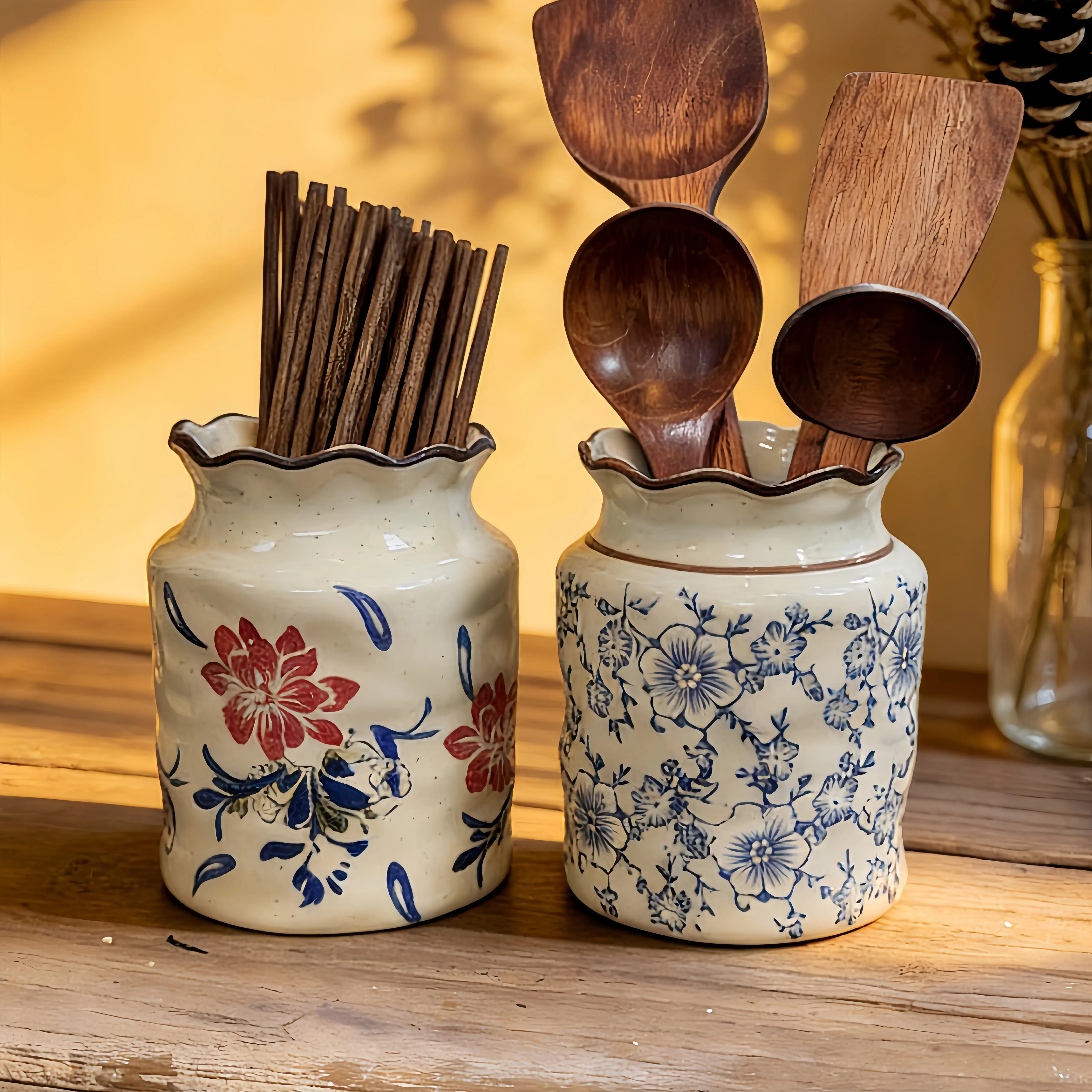 Floral Ceramic Utensil Holder Floral Cooking Utensil Crock Vintage Organizer Vase Decor for Kitchen Countertop Housewarming Gift