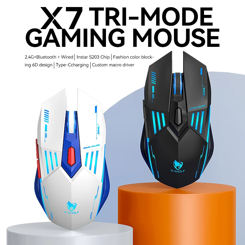 T-WOLF X7 Game Mouse 12800DPI Three Mode Wireless Mouse with TYPE-C Charging for Esports And Gaming