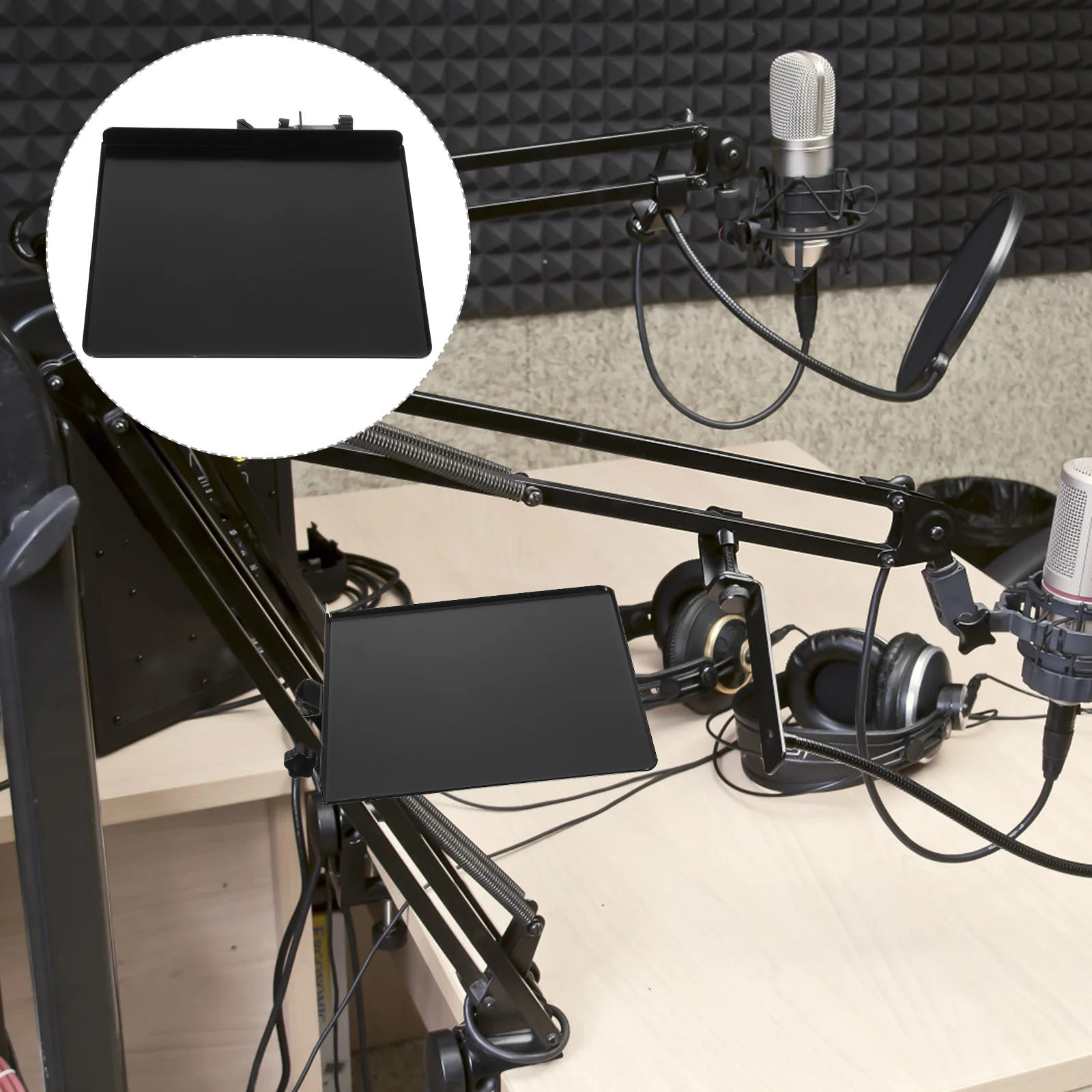 

Black Sound Card Tray for Mic Stand Large Metal Accessory Rack Live Broadcast Shelf Clamp On Design Easy Clean Sturdy Material