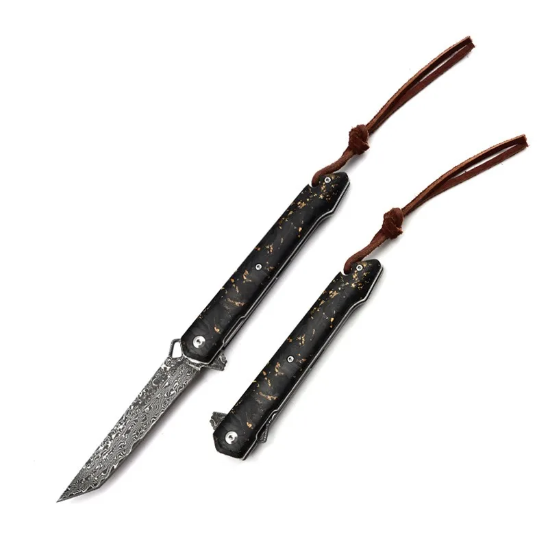 Damascus Folding Knife Shredded Carbon Fiber Handle Pocket Knife Outdoor Defense Knife Camping Portable Fruit Knife