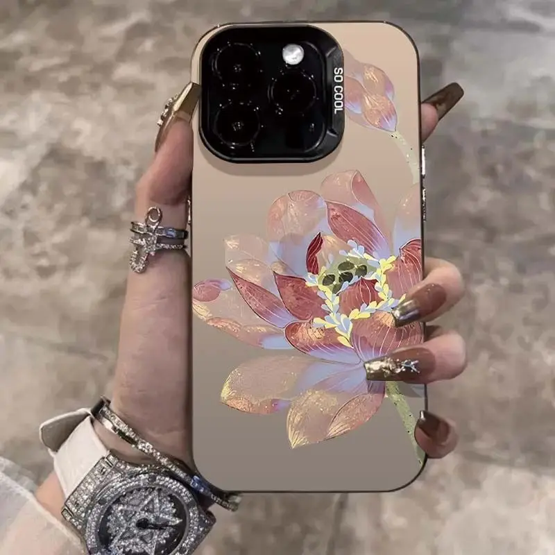 

Crystal pink lotus design phone case for iPhone 16 15 14 13 12 11 Pro/ Max/Plus shock-proof rear cover anti-fingerprint