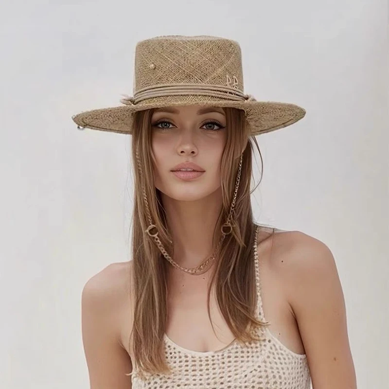 Fashion Letters Summer Concave Top Seagrass Straw Hats For Women Men Caps Wide Brim Chain Sun Hat Outdoor Panama Jazz Boater Hat