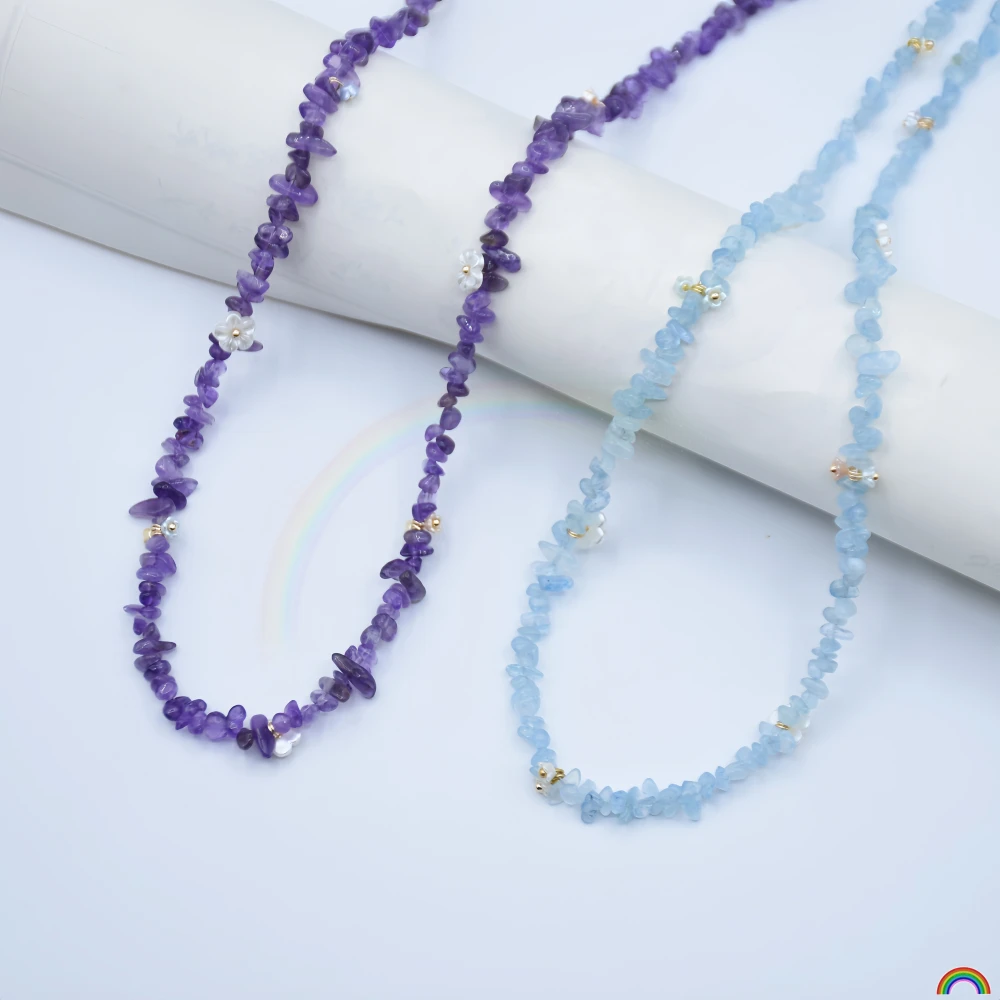 Natural Amethyst Sea Blue Treasure Stone Necklace with Flowing Light and Fragmented Shadow, niche crystal collarbone chain,Rwbuy