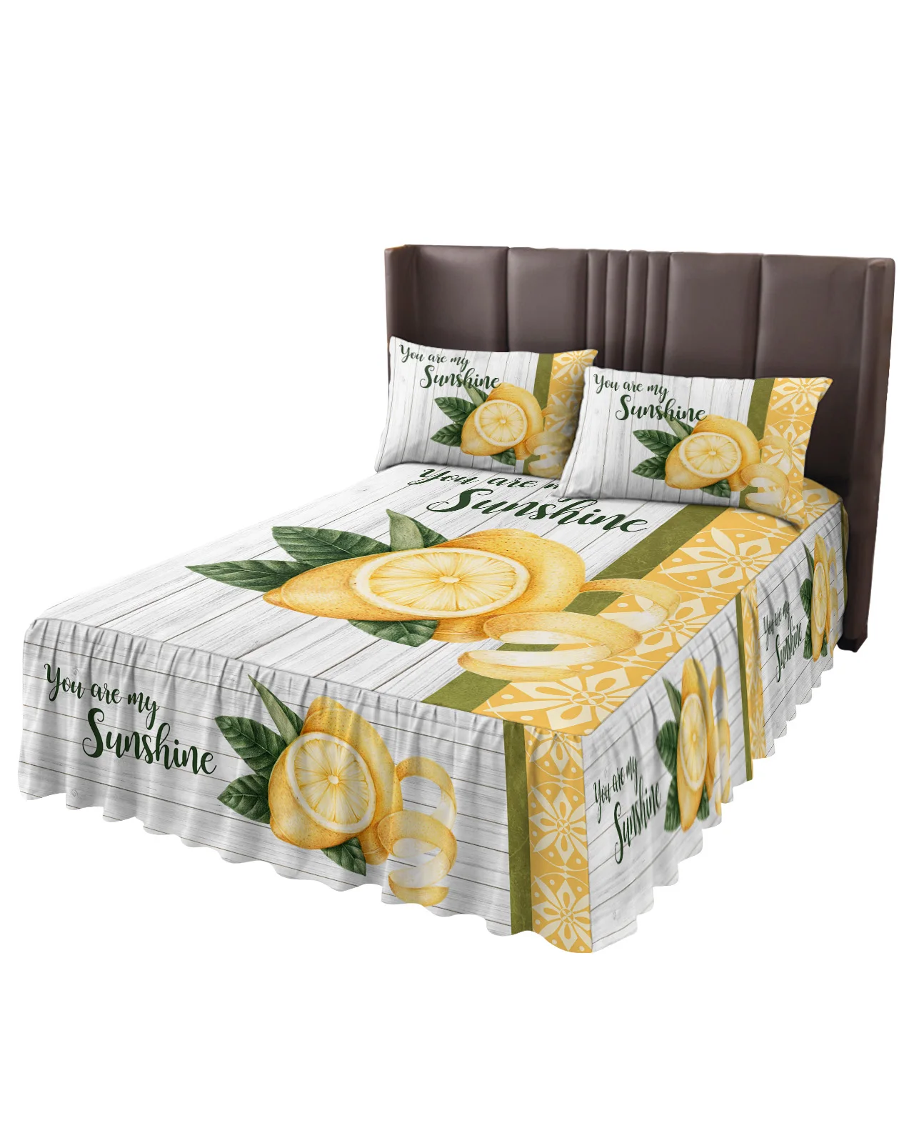 Summer Fruit Lemon Retro Moroccan Bed Skirt Elastic Fitted Bedspread With Pillowcases Mattress Cover Bedding Set Bed Sheet