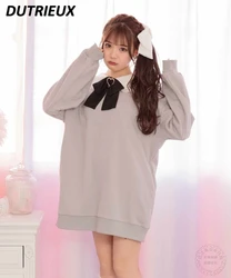 Rojita Japanese Style Mass-Produced Lace Collar Rabbit Ears Bow Loose Mid-length Dresses Sweet Long Sleeve Sweatshirt Dress