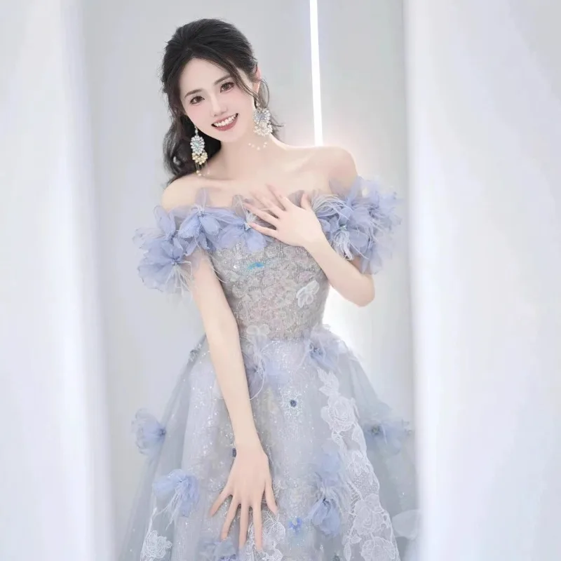 

Синее вечернее платье на одно плечо для женщин, осень 2022, новое платье принцессы на день рождения, трехмерное платье с цветочным узором для хозяев