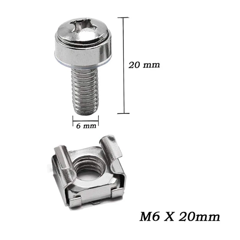 50 Sets M6 Square Hole Cage Nuts with Mounting Screws & Washers - 20mm, for Server Racks & Cabinets