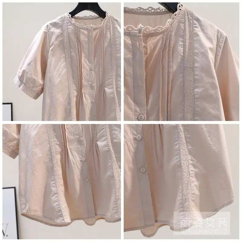 100% Cotton Shirts Women Lace O-neck Hollowed Out Shirt Flesh Pink Gentle Temperament Short Sleeve Blouse 2024 Summer Loose Tops