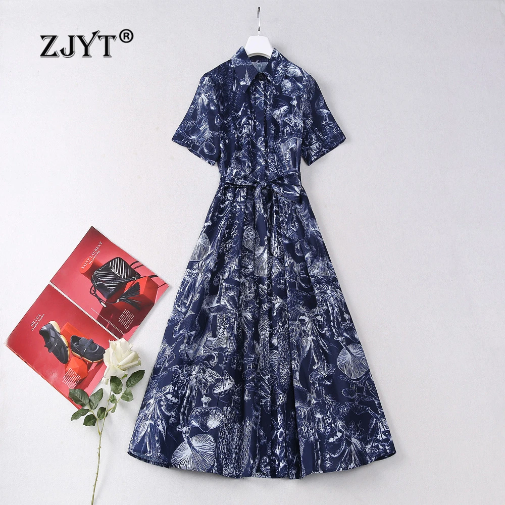 ZJYT Runway Fashion Womens Summer Dress 2024 Short Sleeve Abstract Print Midi Shirt Dresses Vintage Vestidos Holiday Blue Robe