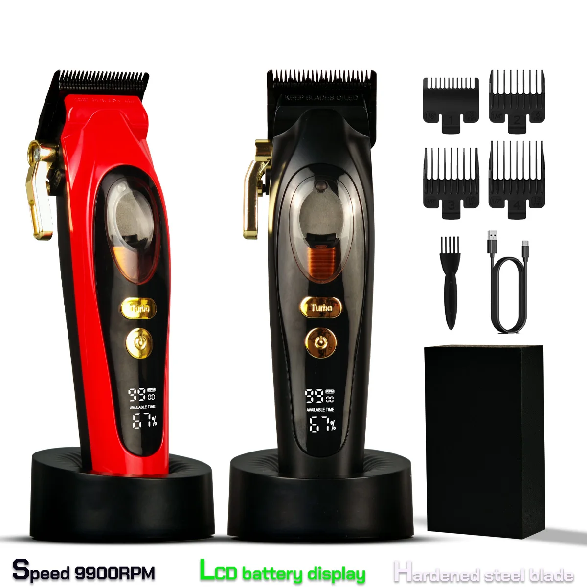 

BRD-2035 Professional 9000RPM Magnetic Levitation Motor Hair Clipper DLC Fade Blade 2600mAH With Charging Base 5 Adujusment Rod