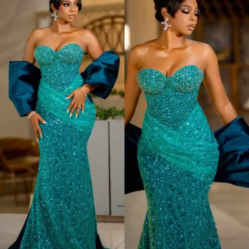 

Stuuning Sequins Evening Dresses Strapless Sleeveless Mermaid Prom Gowns Floor Length Celebrity Party Customized
