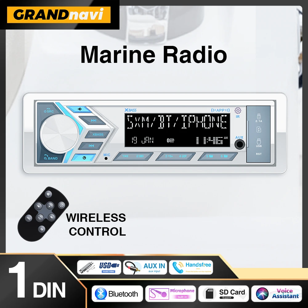 1Din Marine Stereo MP3 Receiver Bluetooth Boat Radio Digital LCD Display AM FM SD AUX Audio For Yacht Gauge ATV UTV RV Golf Cart