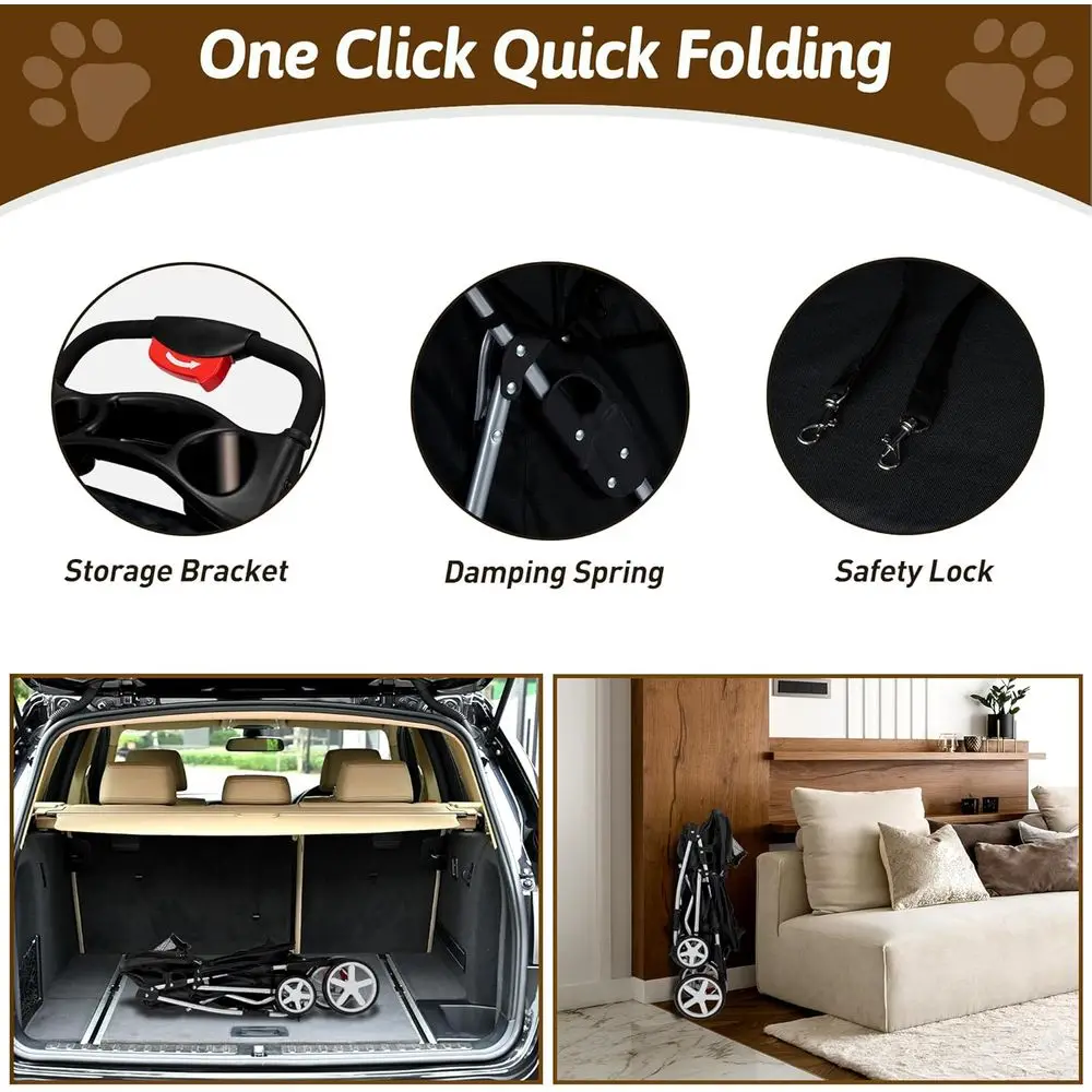 عربة أطفال قابلة للطي بأربعة عجلات للكلاب المتوسطة والصغيرة والقطط مع حامل أكواب، تخزين، شبكة مسامية، حامل لجميع المواسم - أسود