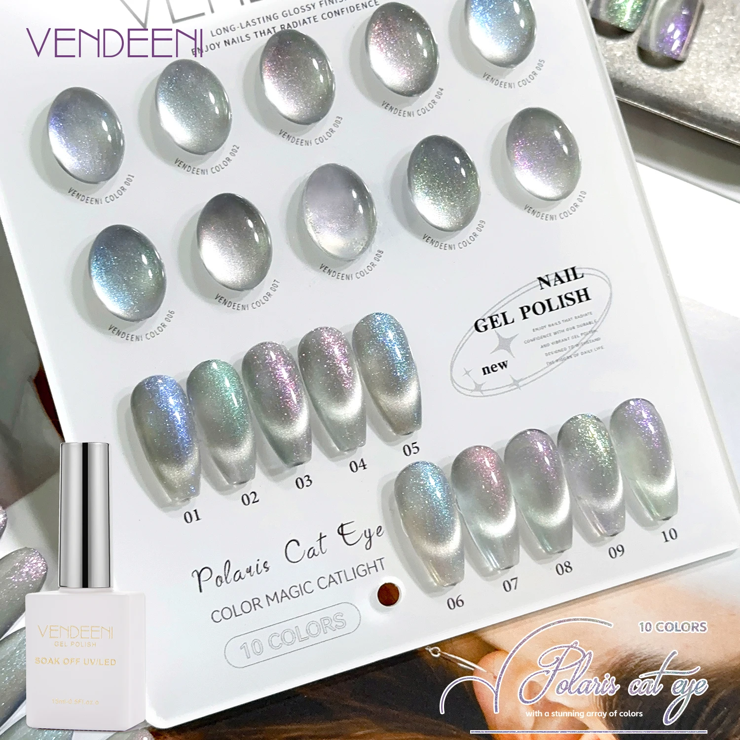 

Vendeeni 10 Colors/Set Shiny Polaris Cat Eye Gel Nail Polish TPO HEMA FREE Silver Magnetic UV Soak Off Gel Varnish With Display