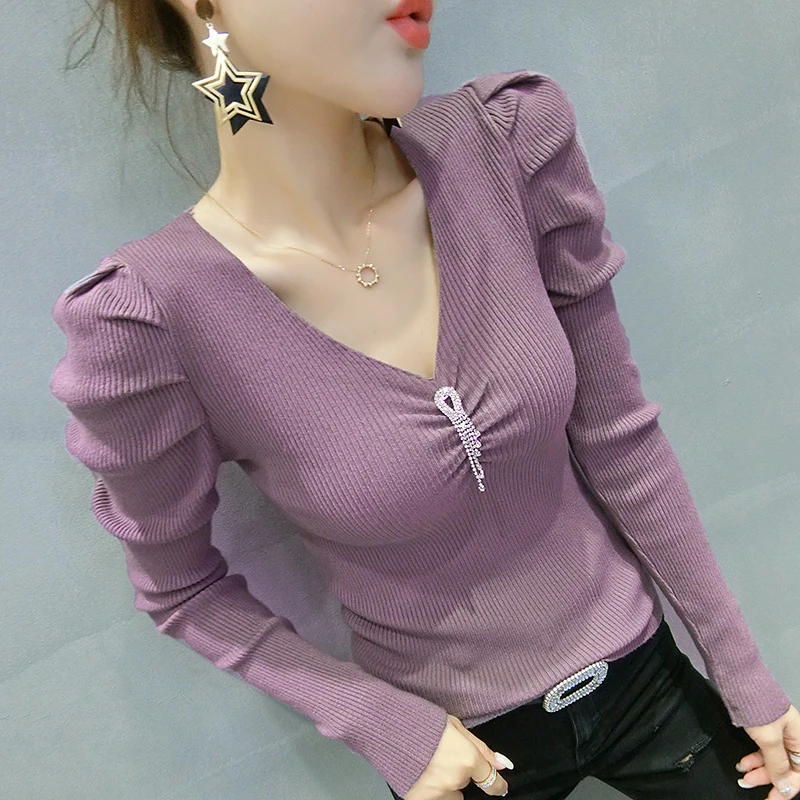 #4302 Black White Purple Green Casual Knitted Sweater Women Turtleneck Pullovers V Neck Sexy Tight Female Sweater Puff Sleeved