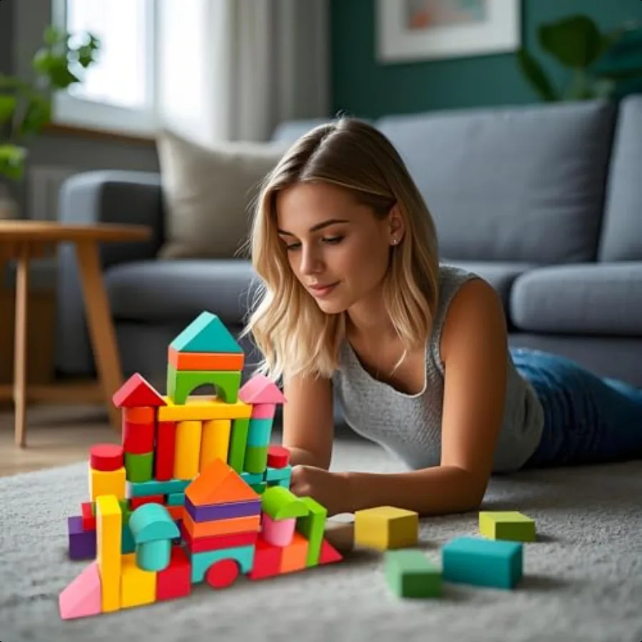 Cheardia 100 Pack Wooden Building Blocks Standard Colored Natural Blocks with Storage Bag for Playing Parties Hands on Indoor A