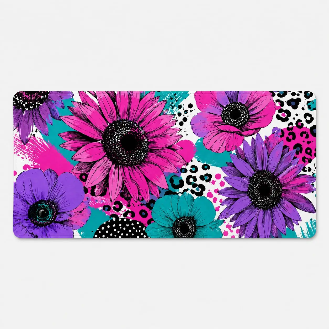 Colorful Flower Gaming Mouse Pad, Pink Purple Floral Desk Mat With Leopard Print Graffiti Design, Aesthetic Non-Slip Rubber Base Computer Mouse Pad For Gaming