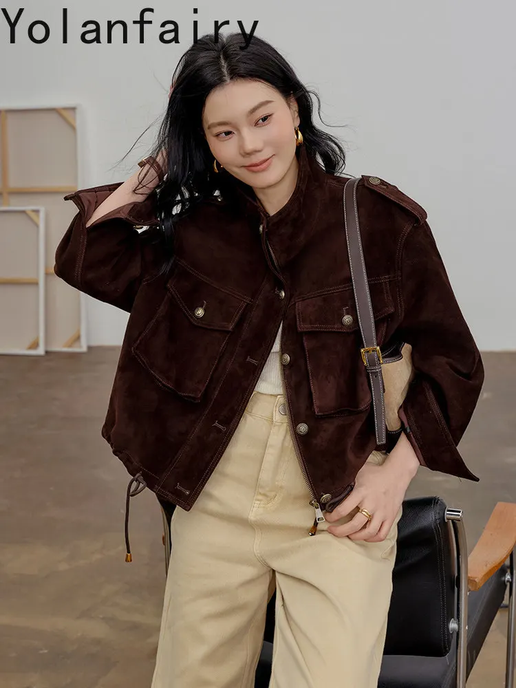 YOLANFAIRY 100% Genuine Leather Jacket Women Real Suede Sheepskin Leather Coat Women Clothes Spring Autumn Vintage Jackets 2026