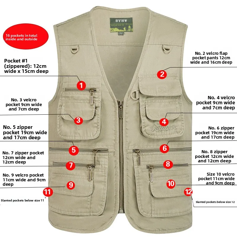 L-8XL Outdoor-Weste mit mehreren Taschen, Klettern, Wandern, Camping, Angeln, Bergsteigen, Reisen, Radfahren, Freizeit, Weste – Detail 9
