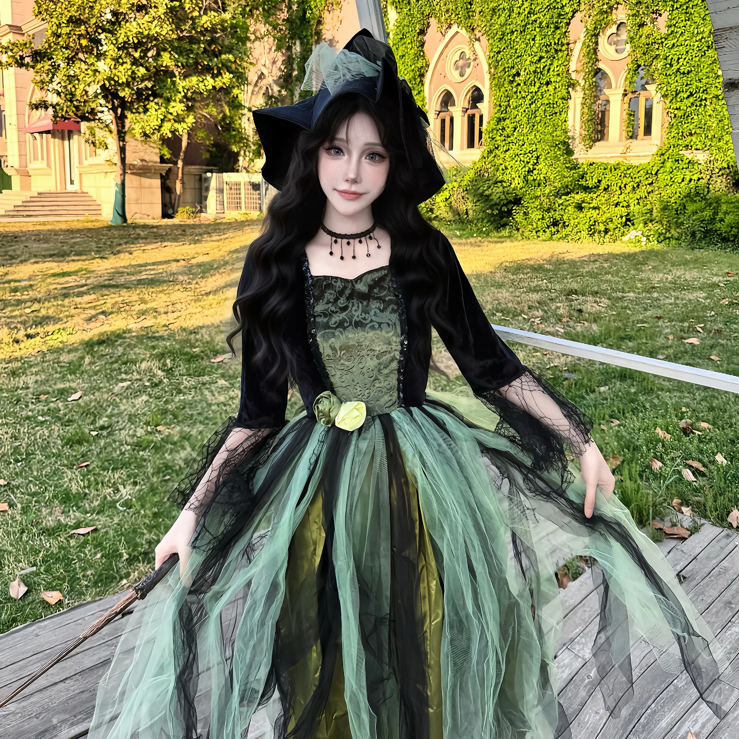 Halloween Costume Magic Witch Outfit Carnival Festival Witch Dress Stage Performance Costume Green Dress Cosplay