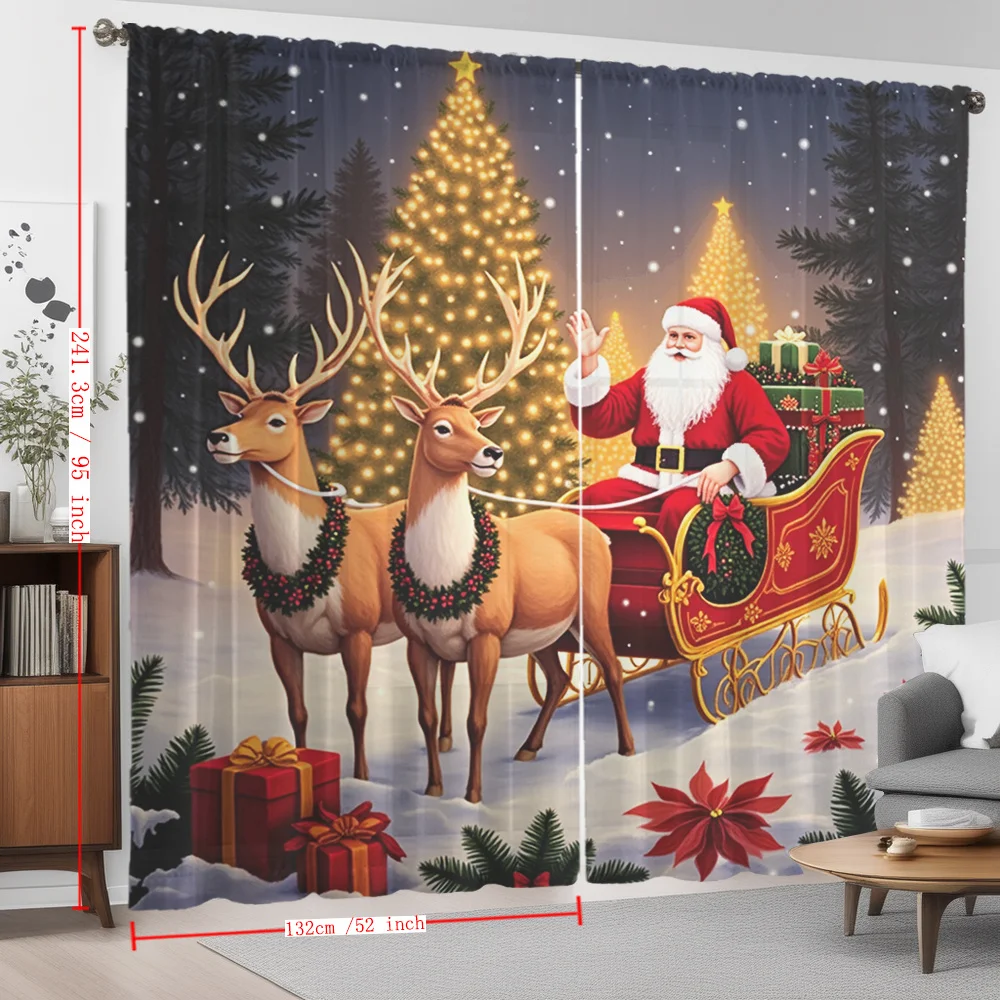 2pcs Christmas Sheer Curtains with Santa'S Sleigh & Reindeer Print - Modern Art Style Light Filtering Privacy, Cordless Rod Pock