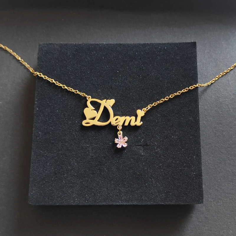 Customized Personalized Name Necklace Stainless Steel Colored Zircon Peach Blossom Pendant Birthday Jewelry Gift