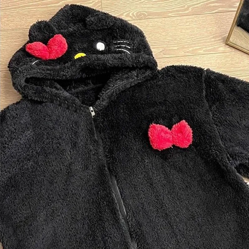 Cartoon Hello Kitty Coral Velvet Sleepwear Women Winter New Hooded Thickened Pajamas Sweet Fashion Home Clothes Two Piece Set