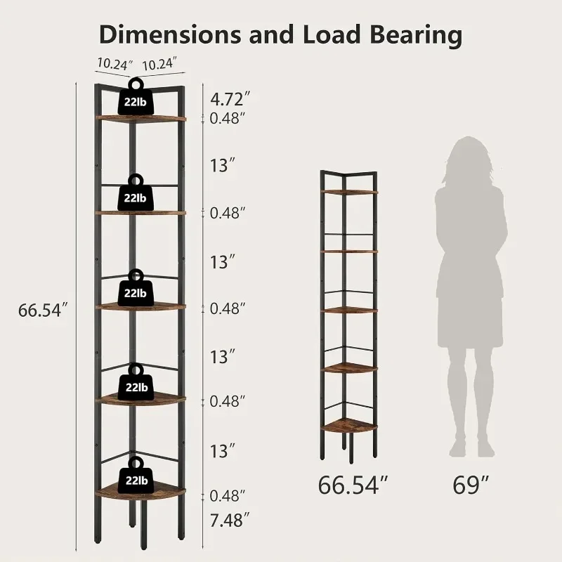 Narrow Corner Shelf Stand 5 Tier 66.5