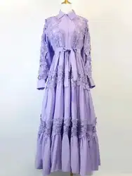 Luxury Autumn Lace Flower Embroidery Long Sleeve Maxi Evening Dresses Shirt Women Single Breasted Prom Wedding Party Vestidos