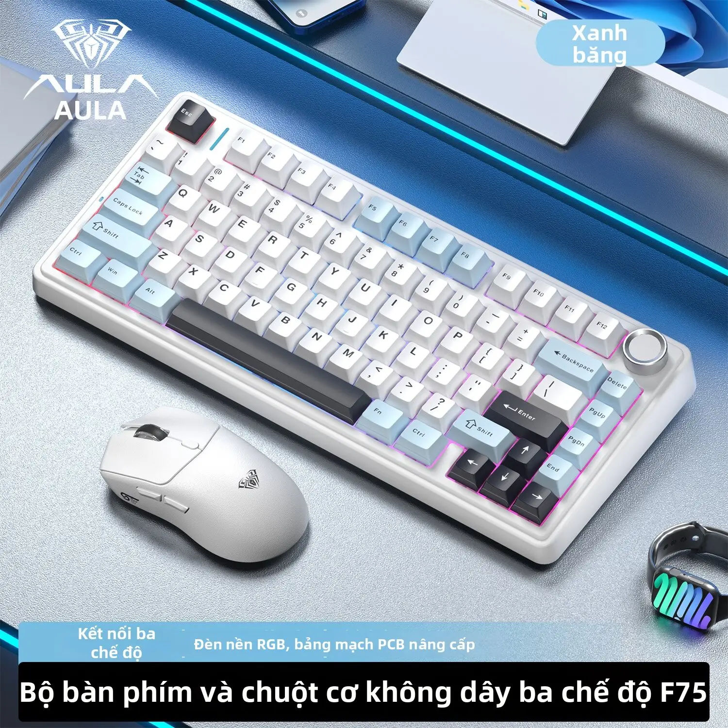 AULA | Bàn Phím Cơ Đa Năng Không Dây và Bluetooth 3 Chế Độ Kết Nối RGB Cho Văn Phòng và Chơi Game