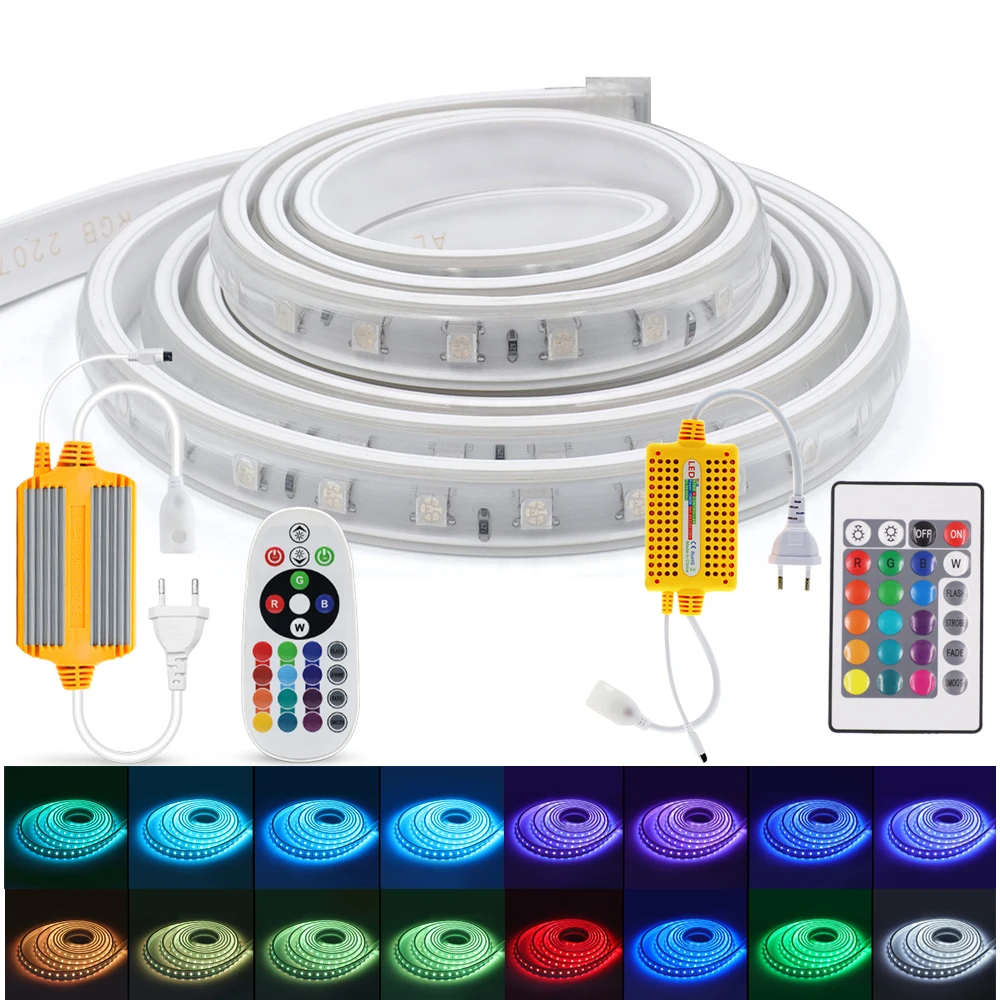 

220V LED Strip Light RGB Infrared Remote Controller 1000W/1500W 5050 Waterproof Flexible Diode Tape Ribbon Home Decor 1M-100M