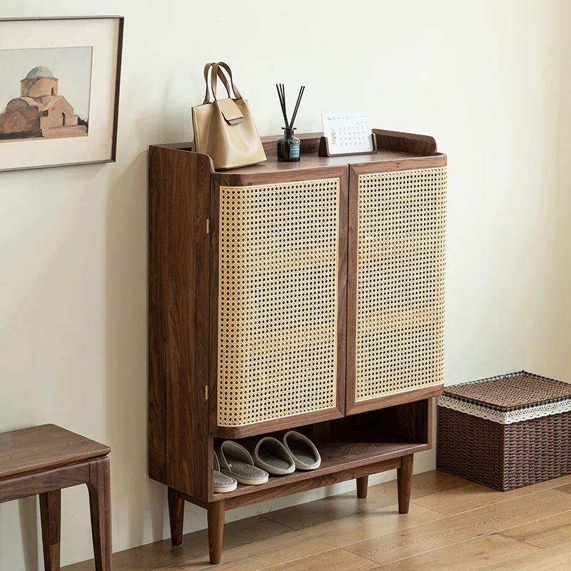 

Black walnut rattan shoe cabinet door opposite the door Japanese-style all-solid wood entrance cabinet small apartment