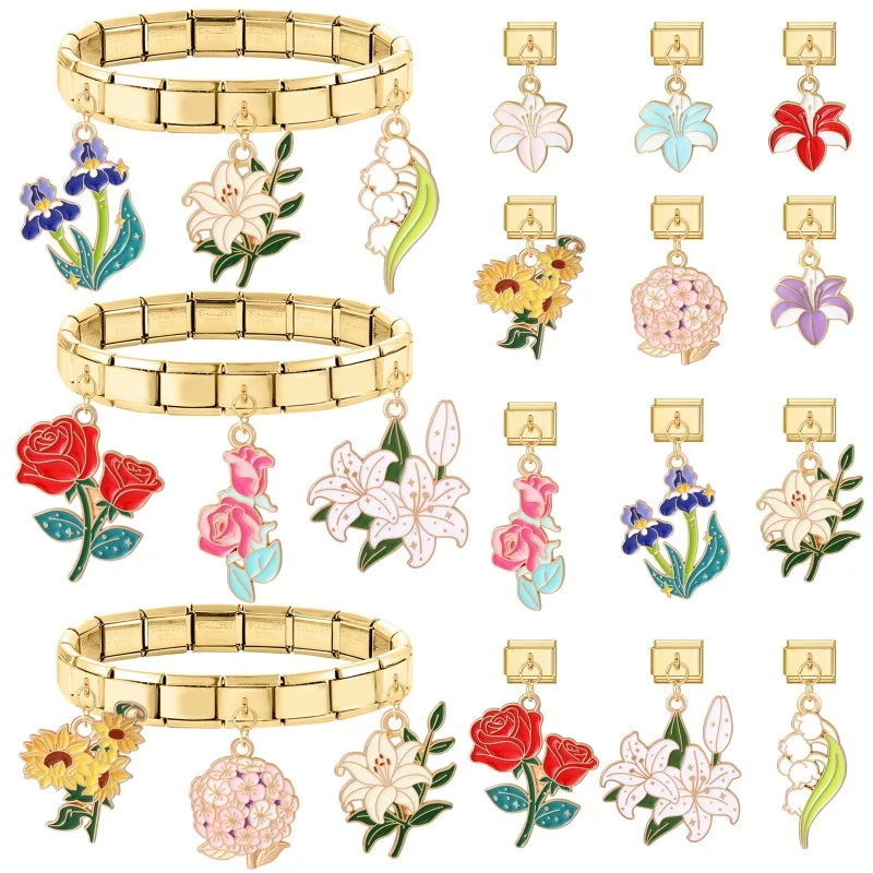New Vintage Lily Phalaenopsis Hydrangea Pendant Italian Charm Link Stainless Steel Fit 9mm Bracelet Women Men DIY Making Jewelry