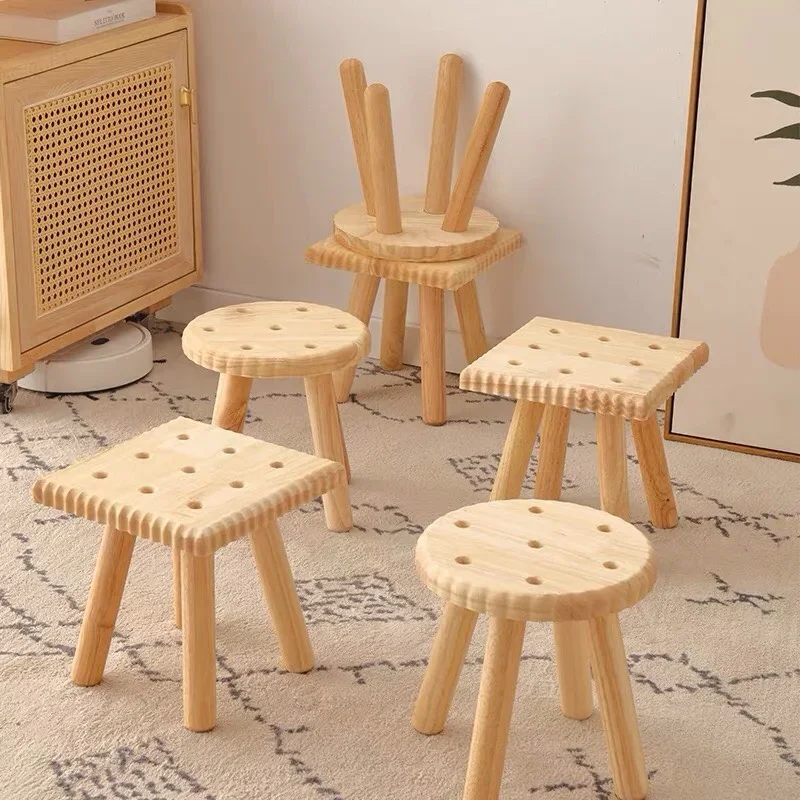 

Modern Minimalism Natural Rubber Wood Stools Cute Biscuit Solid Wooden Stool Children Sitting Block Living Room Stool Furniture