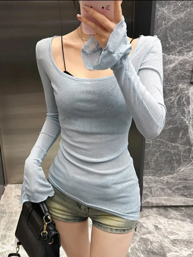 

For Women New Long Sleeve See-Through Korean Pullover Tops Sexy Autumn Girls Top Tee Shirt Casual