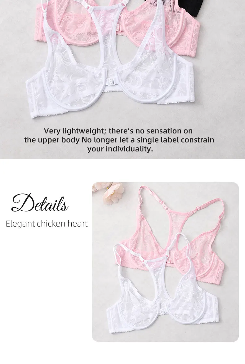 Damen-BH mit Spitze und Knöpfen vorne, Bügel-Unterwäsche, BH-Tops, elegante Stickerei, schöner Rücken, Übergröße, Dessous, Körbchengröße A B C D E F – Detail 12