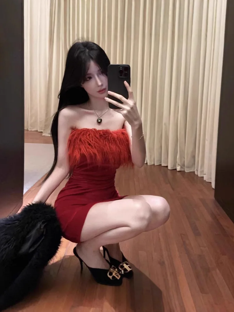 Robe Pure Desire Sexy épicée fille poilue sans bretelles fesse enveloppé rouge velours poitrine enveloppé robe de Banquet élégante FKH8