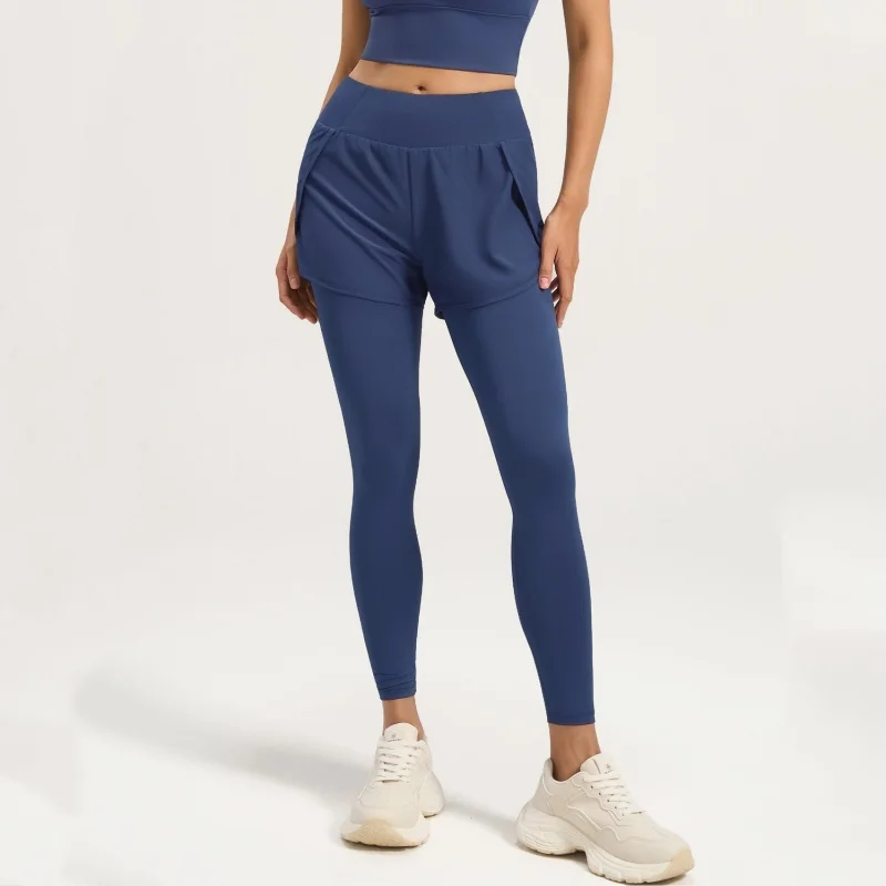 Fake Two-piece Sport Leggings for Women 2-in-1 High Waist Seamless Pocket Yoga Pants Trainning Booty Lift Workout Elastic Tights