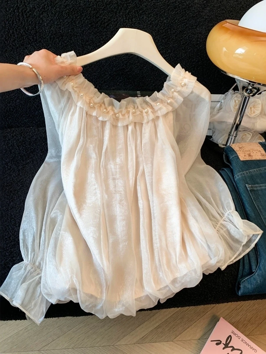 

Элегантная шифоновая рубашка с длинными рукавами, женская весенняя модная новинка, модный топ с жемчужной отделкой и текстурой под дерево, корейский стиль