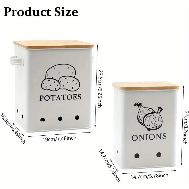 1Set Kitchen Vegetable Storage Tins Set of 2 Wooden Lid for Potatoes Onion Garlic Bin Caddy Long Shelf Life White